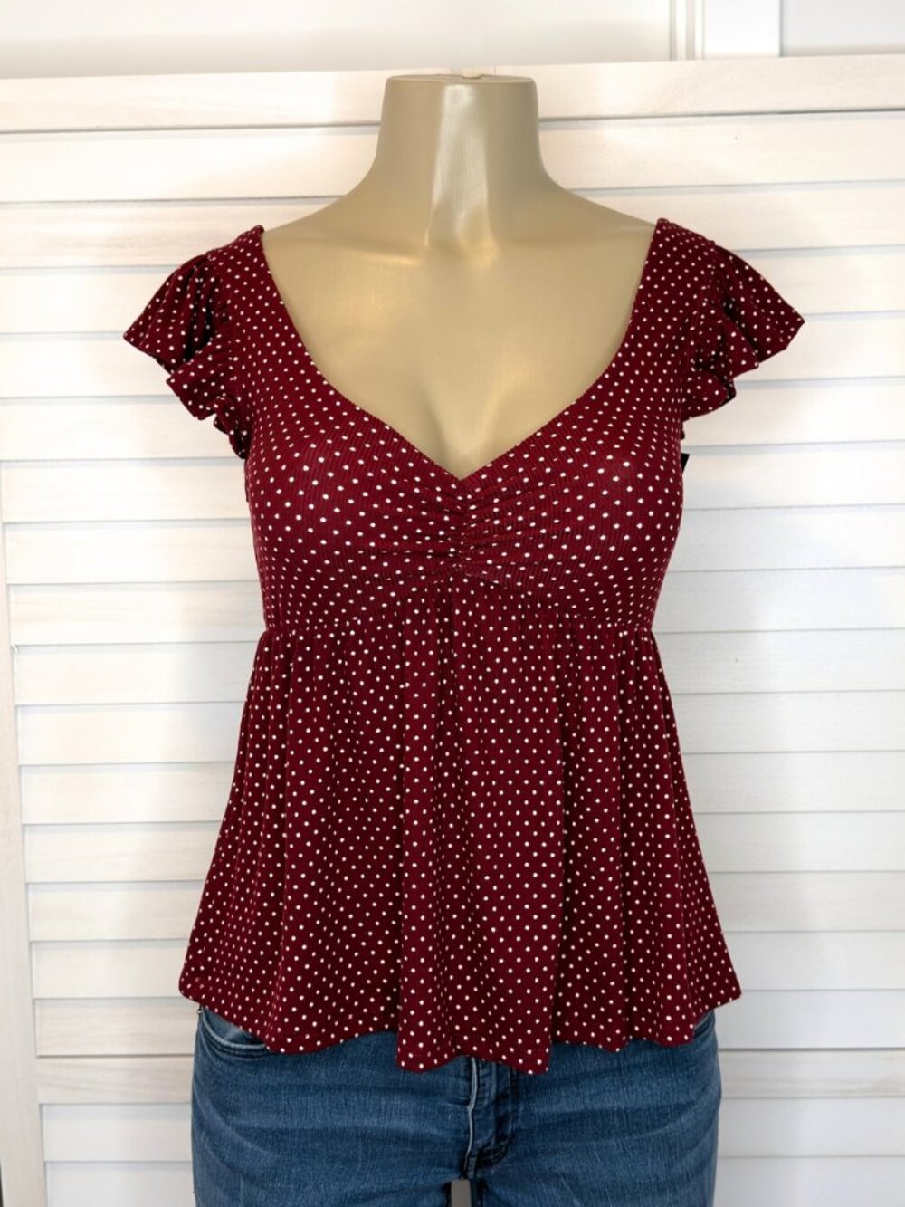 Heart & Hips Wine Polka Dot Lace Up Babydoll Top